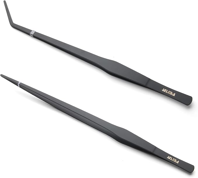 Aquarium Tweezers Extra Long 15 inches Feed Tong Clamps - FEITA Straight and Curved Stainless Steel 38cm Tweezers Set for Fish Tank Plants Aquascape Tools & Reptile Feeding Tongs - Black 2Pcs