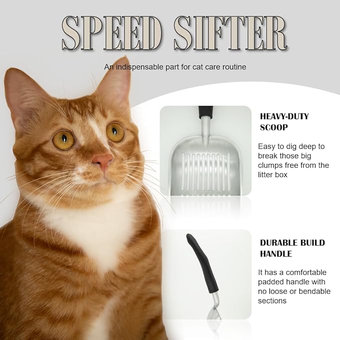 Heavy Duty Cat Litter Scoop with Holder - All Metal Cat Litter Scooper with Holder - Speed Sifter Litter Box Scooper Captures All Clumps - Aluminum Cats Littter Scooper and Caddy