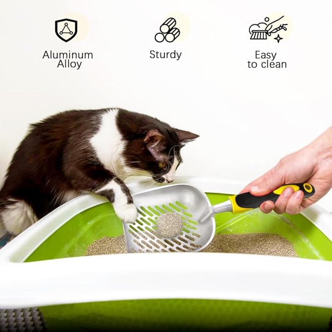 Cat Litter Scoop-Metal Cat Scooper-Long Handle Scoop,Cat Scooper-Poop Sifting-Mesh Shovel-Suitable for Cat Litter Box, (Yellow)