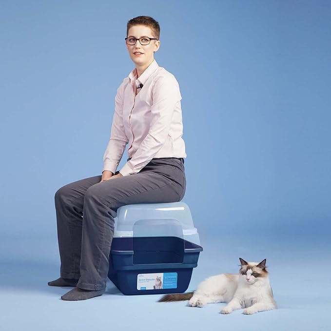 Petfamily Cat Litter Box, Large Foldable Jumbo Hooded Cat Litter Box with Transparent Lid (Navy Blue)