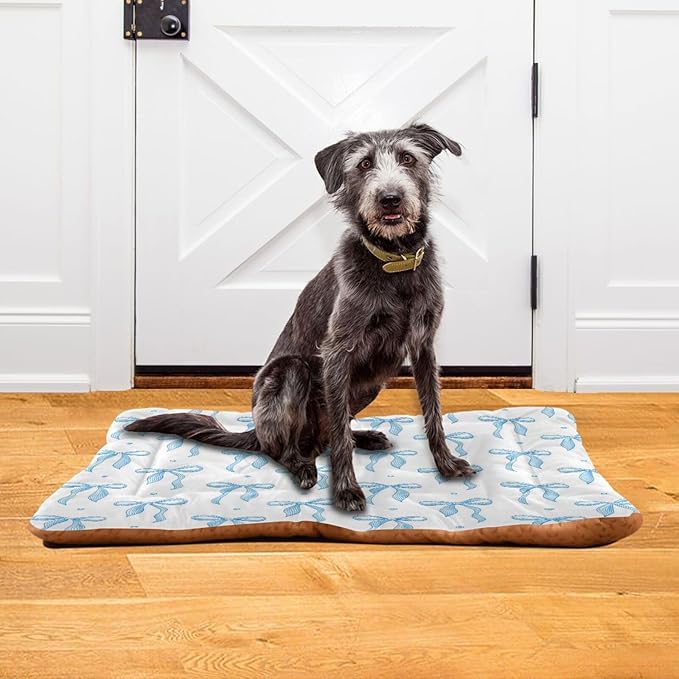Blue Ribbon Bow Dog Bed Mat Cat Crate Pad with Non-Slip Bottom, Washable Soft Pet Kennel Beds for Small Medium Large Dogs, 24"x18"