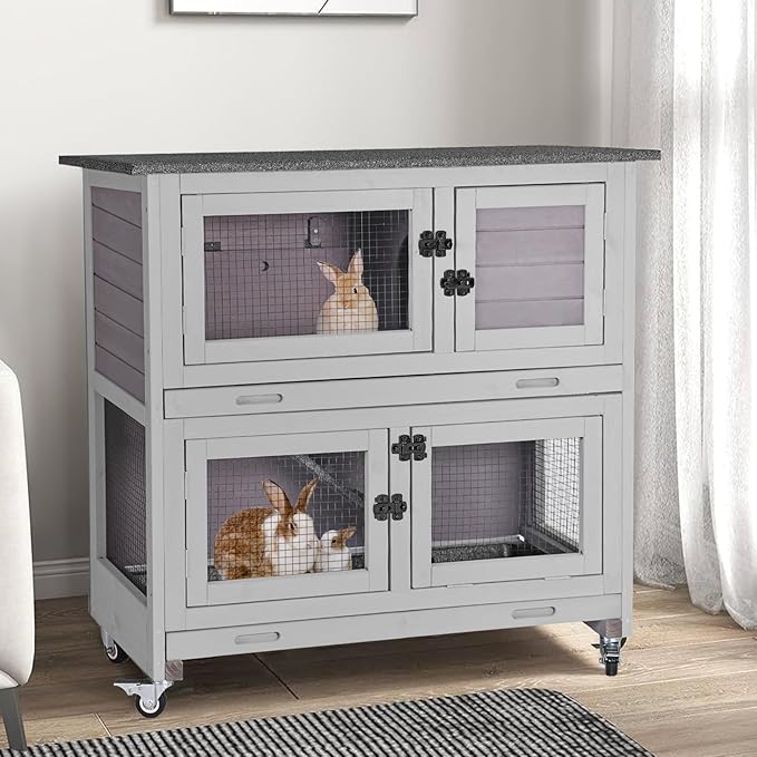 Gutinneen 2-Story Rabbit Hutch with Chew-Proof Ramp, 36" Indoor/Outdoor Rabbit Cage with 4 Casters & 2 Pull-Out Trays, Wooden Bunny Hutch Leakproof Small Animal Cage for Rabbits, Guinea Pigs