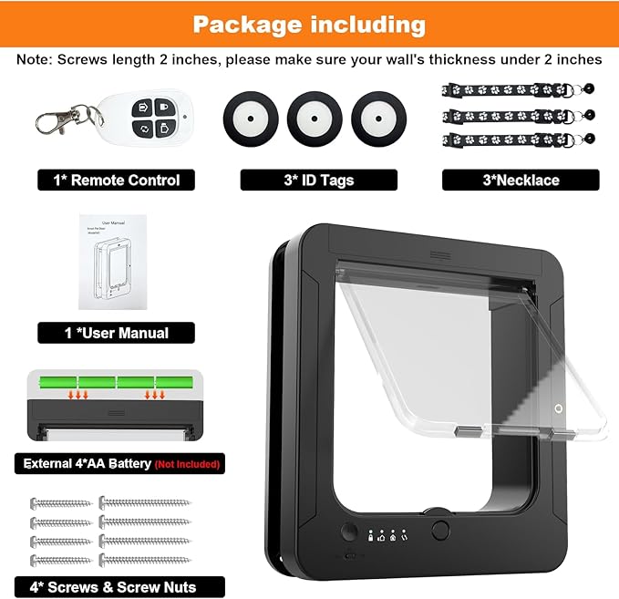 Smart Cat Door with 3 Collar Sensor, RFID Cat Door Collar Activated with Remote Control, 4 Way Locking Cat Flap Automatic Pet Door (Black)