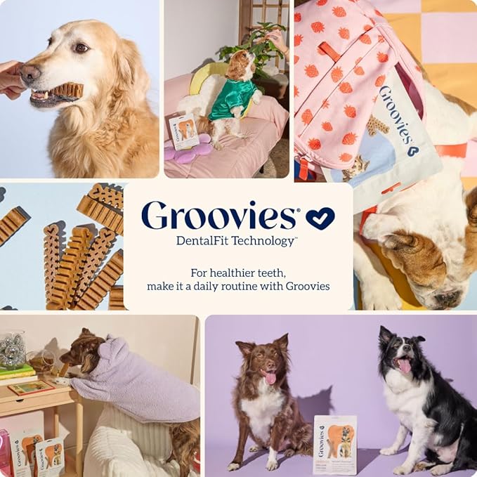 Groovies Flexible Dog Dental Chews with Patented DentalFit Technology to Help Support Tartar Control & Fresh Breath, Medium Dog Chews for 15-25 lb Dogs, USA Manufactured Oral Care, 10 Chews