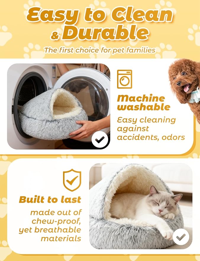 Dog Bed, Dog Bed with Cover Cave, Dual Comfort Design, Pet Bed for Small/Medium/Large Cats and Dogs, Anxiety Relief, Durable & Chew-Proof, Improves Sleep & Behaviour (Gray, 28in)