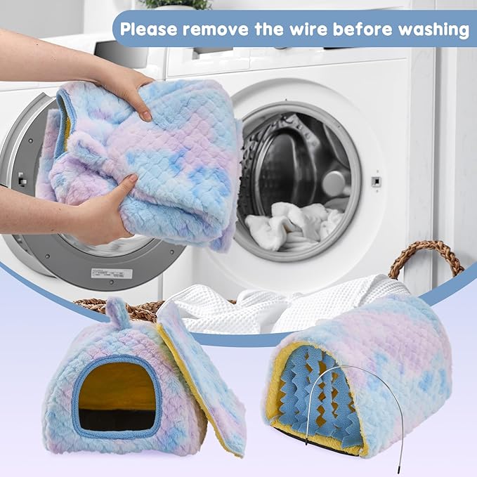 Avont 2 Pack Guinea Pig Hideout Bed and Tunnel Toys Set with Curtain, Washable Soft Plush Bunny Hideaway House Tube Cage Accessories for Small Animal Pet, Rabbits Chinchilla Hamster Ferret Rat -Blue