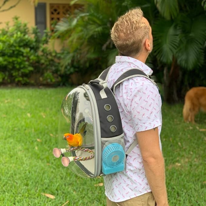 Bird Traval Carrier Cage, Polarized Tinted Blue Space Capsule Astronaut Backpack to Carry Parakeet Cockatiel Parrot with Metal Tray Wood Perch, Vet Transport Bag
