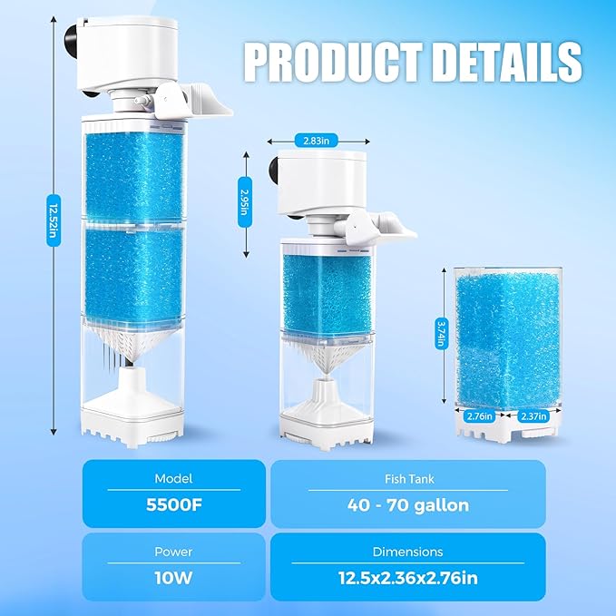 Aquarium Filter for 40-70 Gallons Tank, 225GPH Fish Tank Filters with Oxygenation, Wavemaker & Impurity Isolation, Multi-Functional Circulation System