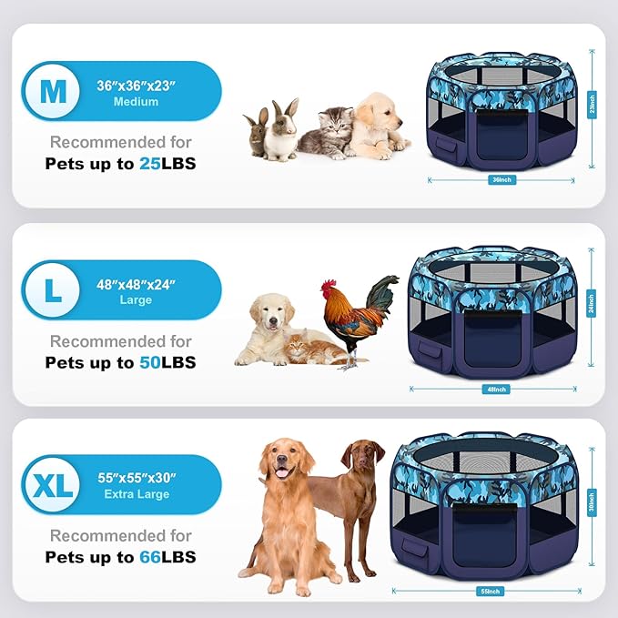 Dog Playpen, Pet Playpen, Portable Cat Playpen, Foldable Puppy Playpen Exercise Kennel Tent with Carry Case Collapsible Bowl,Water-Resistant Shade Cover for Indoor Outdoor Travel (Bule,Medium)