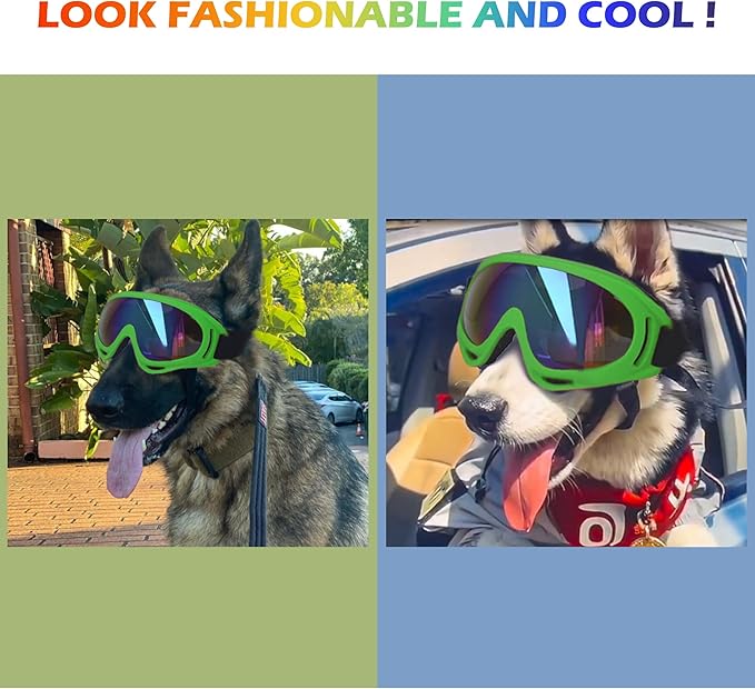 Large Dog Sunglasses With Adjustable Strap UV Protection, Windproof Puppy Eyewear, Suitable for Medium-Large Pets, Eyes Protection, Soft Goggles (Green Frame)