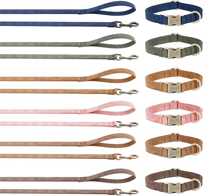 Genuine Leather Dog Collar - Adjustable Pet Collar with Quick Release Metal Buckle, Soft Skin Friendly Real Leather Collar for Small, Medium, Large Dogs (Blue Collar + Rope, L:Fit 15-23" Neck)