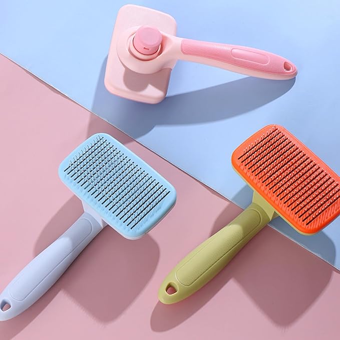 Self‑Cleaning Pet Grooming Brush (Blue) – One‑Click Fur Release, Soft Rounded Bristles, Ergonomic Non‑Slip Handle, Safe & Gentle Deshedding Tool for Dogs & Cats