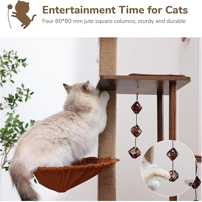 FUKUMARU Cat Tree, 4 in 1 Large Modern Cats Tower with Jute Scratching Post and Hammock, Wood Cat Condo with silvervine Balls, Brown Cat Climber Stand Playhouse for Indoor Cats, Retro Style