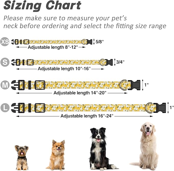 Reflective Dog Collar for Large Dogs, Cute Flower Theme Adjustable Heavy-Duty Nylon Puppy Collar for Boy and Girl Female, Soft Pet Accessories with Quick Release Buckle, Yellow