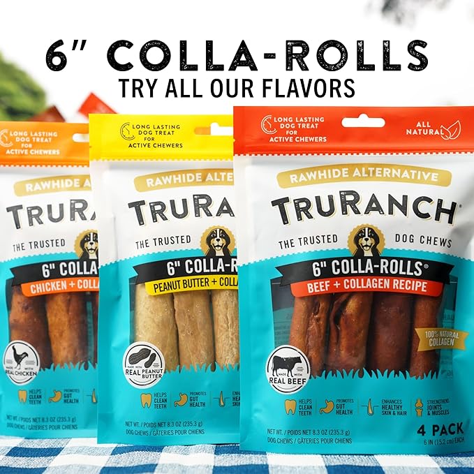 Collagen Rolls - 6" Collagen Rolls for Dogs - Long Lasting Healthy Joint Support - Rawhide Alternative - Skin & Coat Health - Made with Real Peanut Butter, Value Pack, 3 Bags, 12 Count