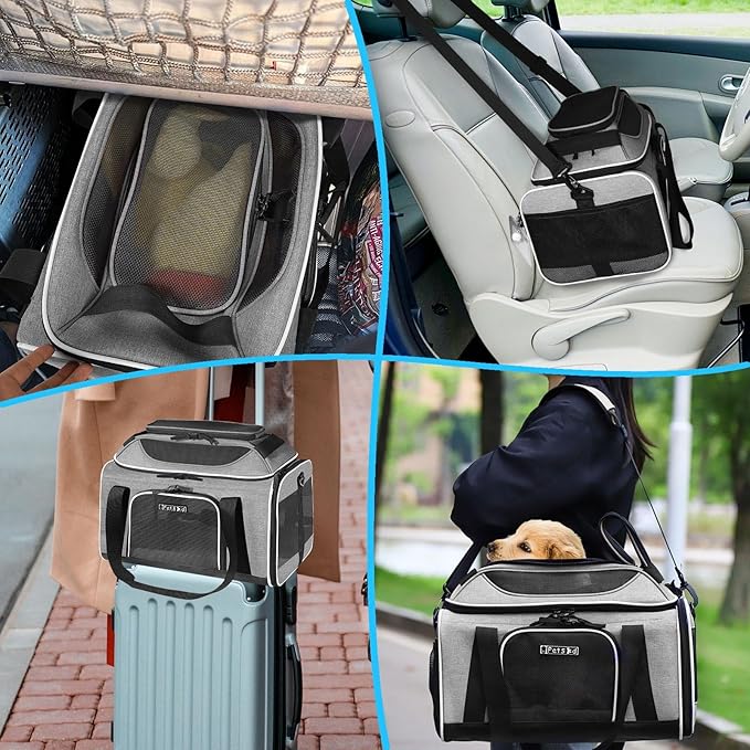 Petskd Top-Expandable Pet Carrier 17x12x8.5 Inches JetBlue Allegiant Spirit Airline Approved, Soft-Sided Carrier for Small Cats and Dogs with Locking Safety Zippers and Anti-Scratch Mesh(Grey)