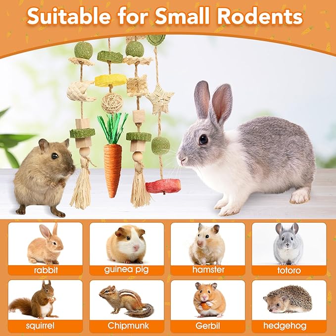 Rabbit Chew Toys Bunny Cage Hanging Toy and Treats Rattan Ring with Snacks for Rodent Pets Teeth Healthy