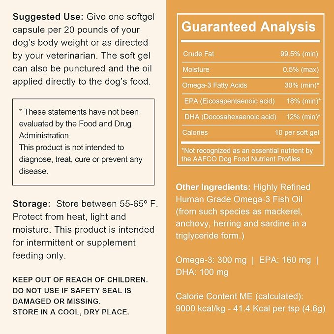 Wild Caught Omega 3 Fish Oil for Dogs - 300mg Mini Softgel Capsules for Healthy Skin and Coat - 360 Dog Fish Oil Pills for Shedding, Dry Itching Skin, and Hot Spots (2 Packs of 180)