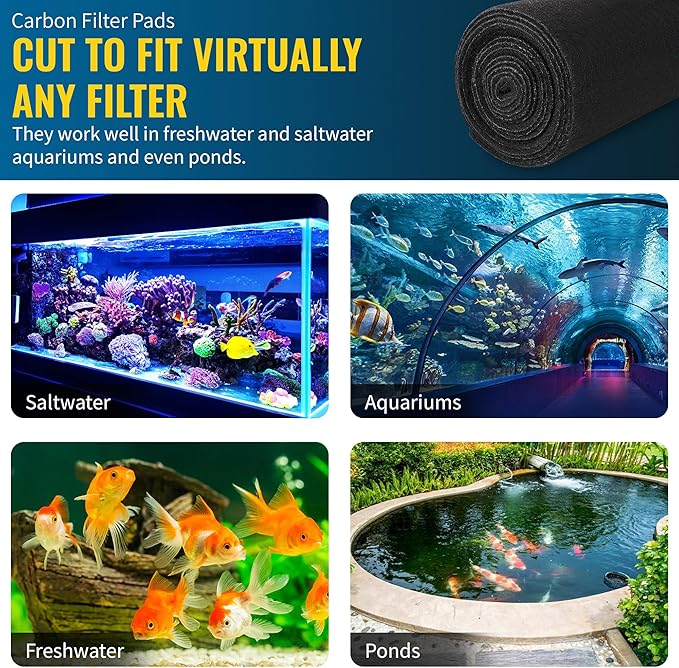 CFS – Pack of 2, Cut to Fit Carbon Infused Filter Pad Media for Clean & Clear Fish Tank and Ponds – Fresh & Filtered Water for Aquariums – Charcoal Filter Pads – Black – 10.5" x 72"