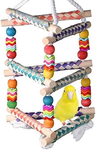 Super Bird Creations SB51113 Finger Trap Pagoda Bird Toy - Satisfies Chewing for Canary Finch Parrotlets Cockatiels - Vibrant Design with Cotton Rope, Beads, & Rings - Medium Size Birds, 14.5"x7"x7"