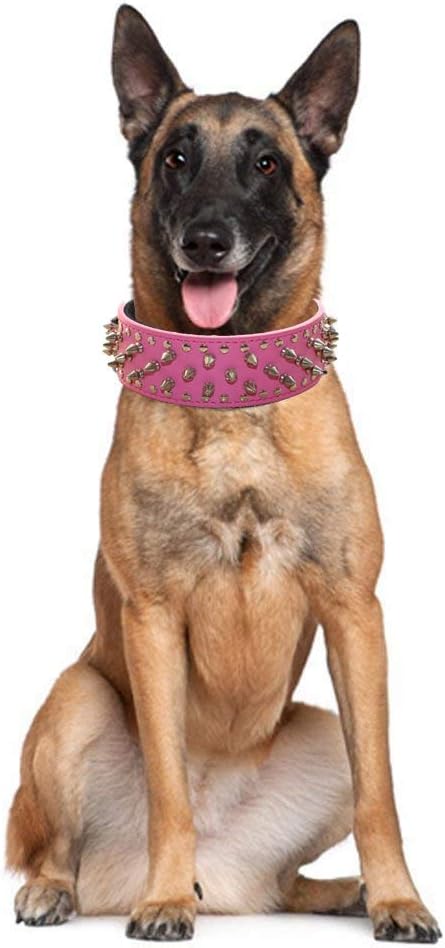Serijoars Spiked Studded Dog Collar, PU Leather Dog Collar, Adjustable Pet Collars for Medium or Large Breed Pet (M, Pink)