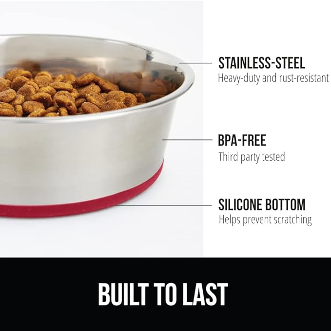 GORILLA GRIP Dog Bowls, Holds 1 Cup Each (8 fl oz), Heavy Duty Stainless Steel Food and Water Bowl for Feeding Dogs and Cats, Dishwasher Safe, Rust Resistant Metal, BPA Free Rubber Base, Set of 2 Red