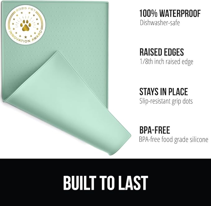 GORILLA GRIP 100% Waterproof Raised Edge BPA Free Silicone Pet Feeding Mat, Dog Cat Food Mats Contain Spills Protects Floors, Placemats for Cats and Dogs Water Bowl, Pets Accessories 32x24 Mint