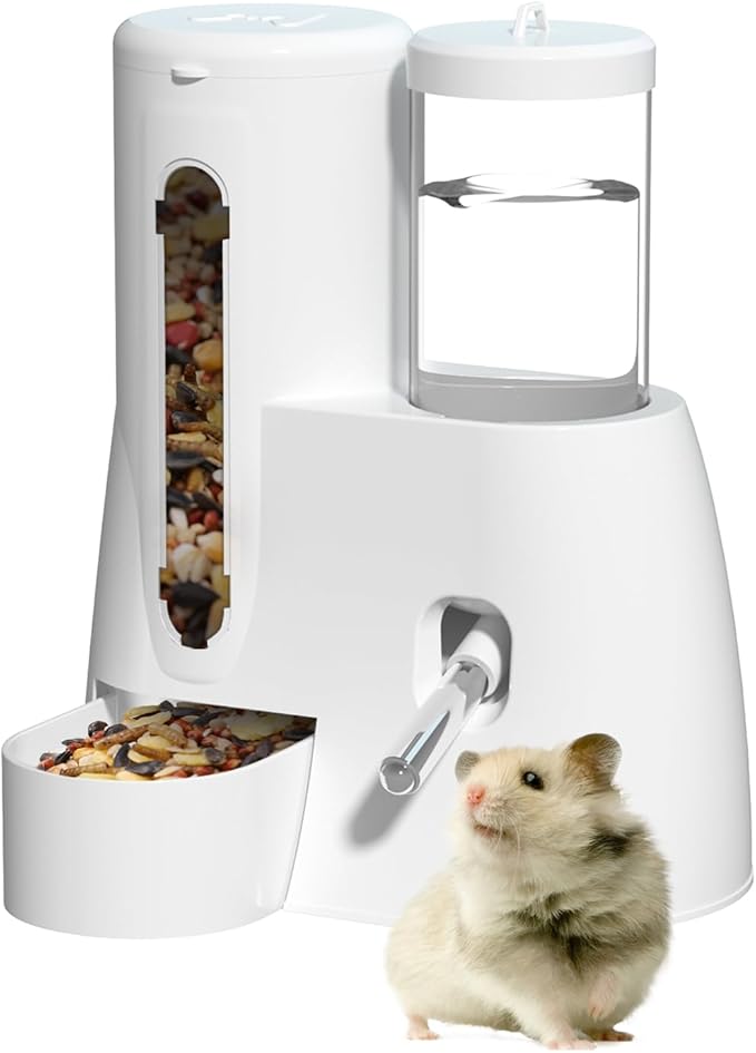 2 in 1 Hamster Water Bottle - Automatic Food Bowl, No Drip Small Animal Water Bottle Dispenser, for Syrian Dwarf Hamsters, Gerbils, Mouse, Hedgehog, Hamster Cage Accessories (White, Large)