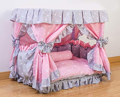 Princess Pink Grey White Heart Pet Dog Handmade Bed House+1 Candy Pillow (S)
