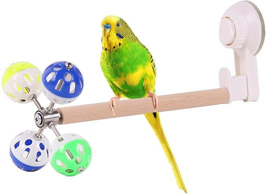 Window Suction Cup Bird Perch Toy for Parakeet, Movable Parrot Stand with Rotating Balls Bells for Window Mirror Glass Mount, Spinning Perch Toy (White, Suction Cup)