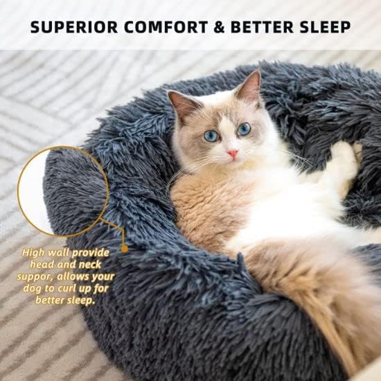 Original Calming Donut Dog and Cat Bed in Shag Fur, Dog Beds for Melium Dogs, Anti Anxiety Round Fluffy Plush Faux Fur Pet Bed (Dark Grey, X-Large)