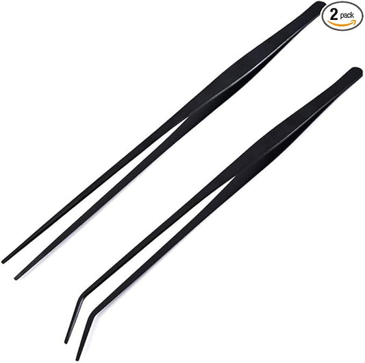 2 Pack Aquarium Forceps, 15 inch Long Handle Aquarium Tweezers Stainless Steel Straight and Curved Tweezers Set for Fish Tank Aquatic Plants Long Handle Reptile Feeding Tongs, Black