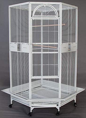 64" Extra Large Corner Flight Bird Parrot Cage for Cockatiel Parakeet Budgies Parrot with Around Metal Seed Skirts, Tight 1/2-Inch Bar Spacing (WhiteVein)