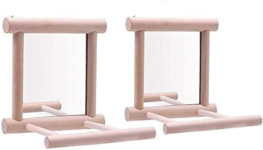 Bird Mirror Wooden Hanging Swing Interactive Play Toys for Small Parrot Budgies Macaw African Grey Parakeet Cockatiel Conure Lovebird Cage Accessories (Bird Mirror Perch Stand-2 PCS)