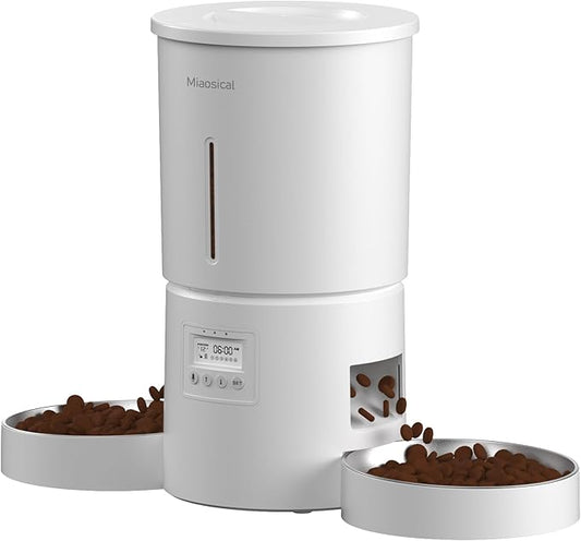 Dual Automatic Cat Feeder 2 Cats,6 Meals/Day,12 Portions/Meal,4.2L Dual Power Double Bowls Feeder,Dry Food Auto Pet Dispenser,10S Voice Record,Flexible Schedule Timer(White,Stainless Dual Bowls)