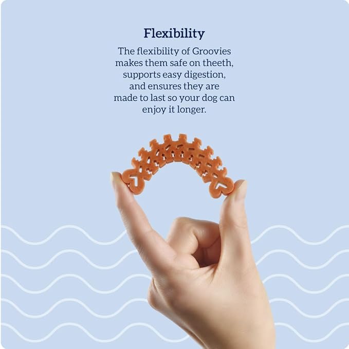 Groovies Flexible Dog Dental Chews with Patented DentalFit Technology to Help Support Tartar Control & Fresh Breath, Large Dog Chews for 25-50 lb Dogs, USA Manufactured Oral Care, 12 Chews