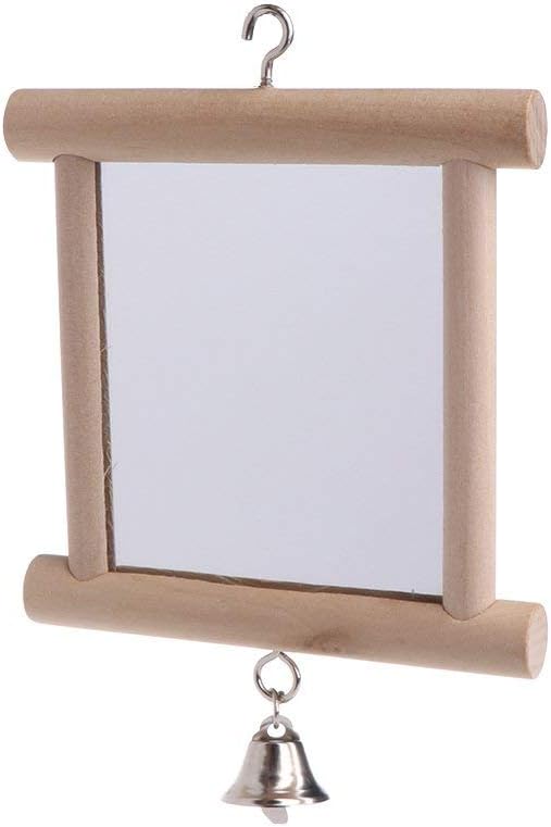 Bird Mirror Wooden Hanging Swing Interactive Play Toys for Small Parrot Budgies Macaw African Grey Parakeet Cockatiel Conure Lovebird Cage Accessories (Bird Mirror with Bell-ONE)