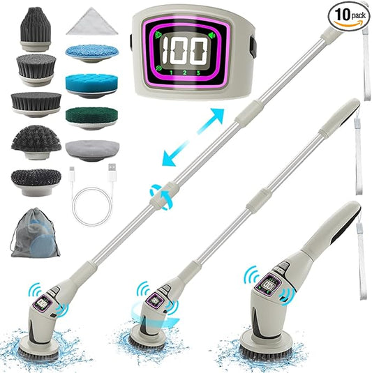 10-in-1 Electric Spin Scrubber for Cleaning, Voice Broadcast Rechargeable Power Scrubber, Aquarium Cleaner, Cordless Shower Cleaner Brush for Tile/Bathtub/Floor/Shoes/Car-Light Gray