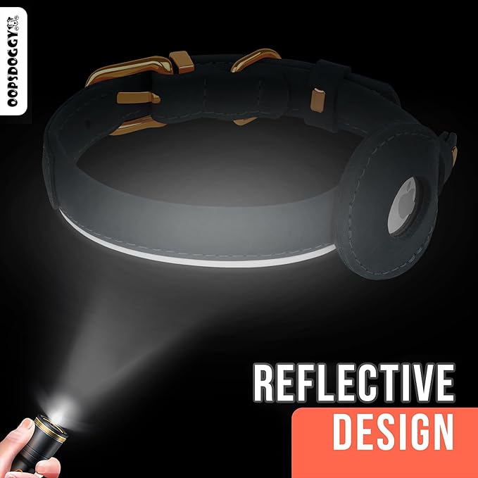 OOPSDOGGY Rolled Leather Dog Collar with Airtag Holder - Reflective Round Airtag Dog Collar - Soft Tracking Pet Collar for Small Dogs Puppy Cats Kitten (Brown, L, 14"-18")