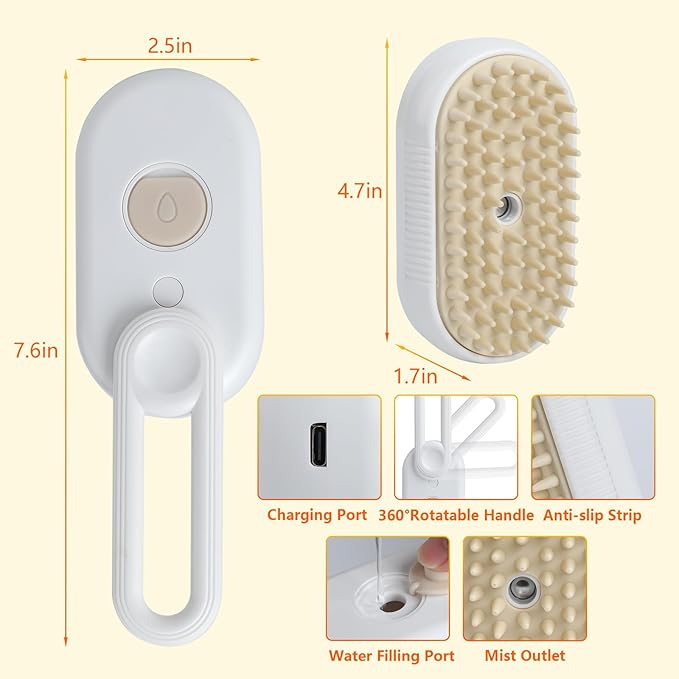 4-in-1 Cat Grooming Steam Brush, Pet Hair Shedding, Massage, Cleaning, Combing (white)