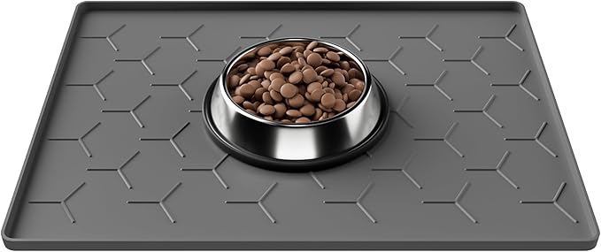 Pieviev 16''x12'' Dog Cat Food Bowl Mat, Silicone Waterproof Food Grade Pet Food Mat for Floor, High Raised Edge to Prevent Spills, Non-Slip & Easy Clean Pet Placemat for Dog & Cat Bowls, Dark Gray