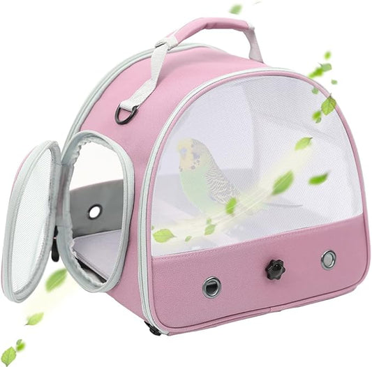 Bird Carrier, Portable Small Bird Parrot Parakeet Carrier with Standing Perch, Side Access Window Collapsible (Pink, Mesh Windows)