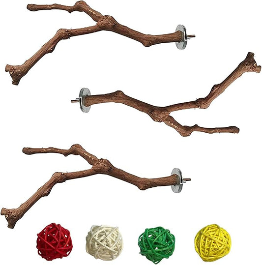 PINVNBY Bird Perches for Cage,3Pcs Parrot Perches Natural Grape Wood Birdcage Stands Pole 4Pcs Birds Toys Ball for Parakeet Lovebirds Budgies Cockatiels Finches