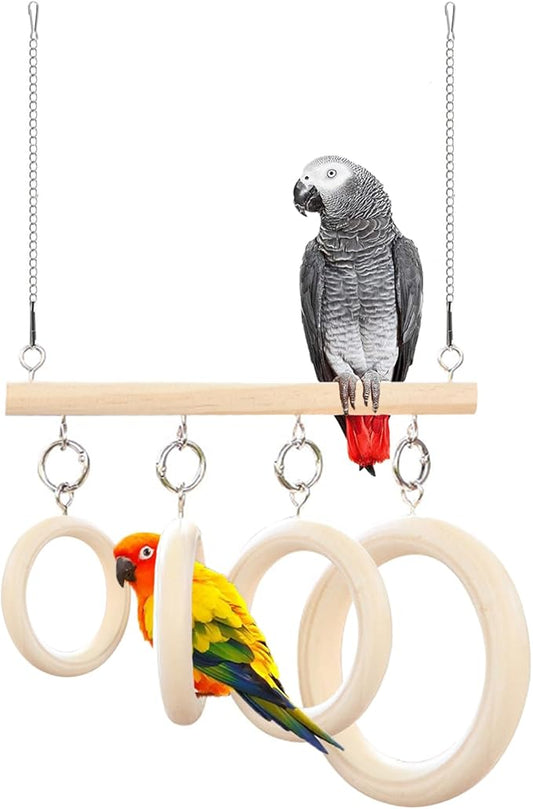 Bird Swing Rings for Cage,Hanging Bird Toys Natural Wooden,Bird Perch Climbing Toys,Parrot Perch Stand for Conure,Budgie,Cockatiel,Lovebird,Canary,Finch,Hamster,Small Pets Accessories,4-Ring (Ring)