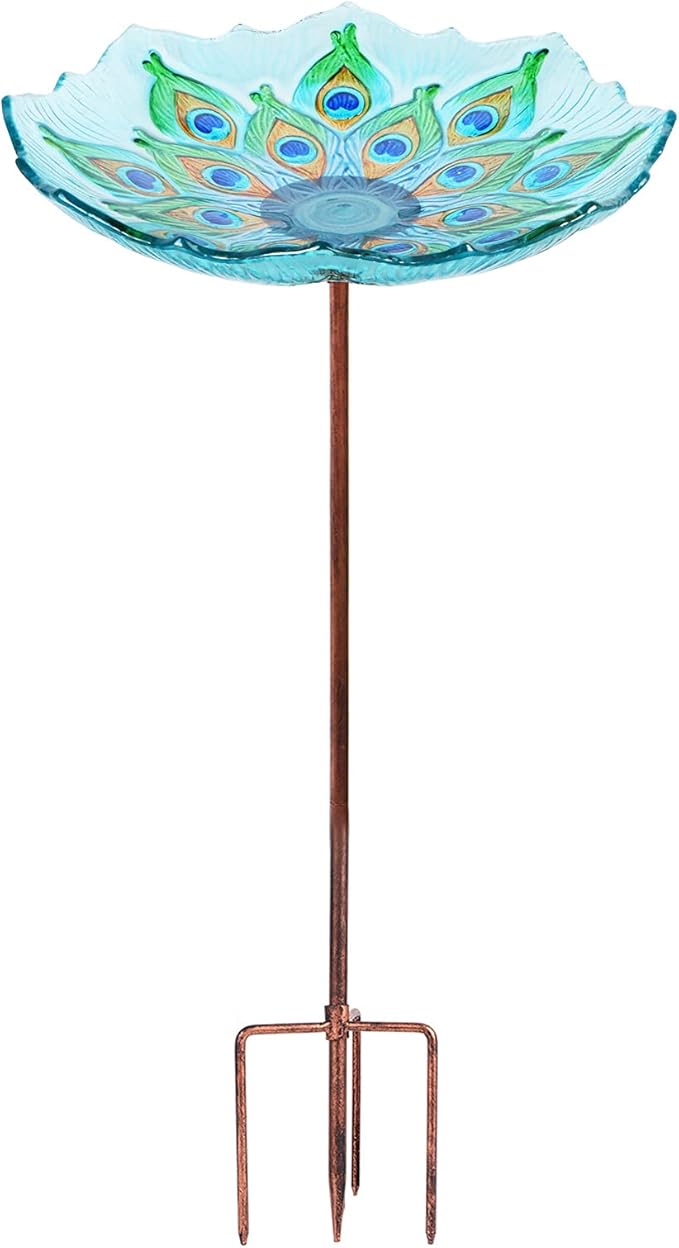 MUMTOP Glass Bird Bath, Garden Outdoor Birdbaths Birdfeeder with Metal Stake Peacock