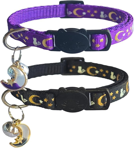 2 Pack Breakaway Cat Collars, Glow in Dark with Bell & Moon Star Pendant, Safety Buckle Kitten Collars Adjustable from 6.9-10.7" (Black/Purple)
