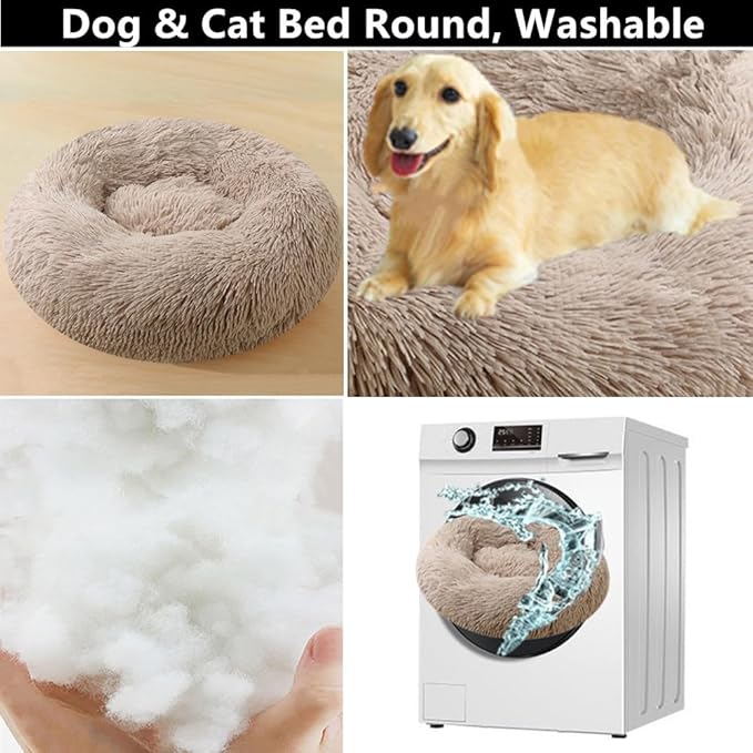 Calming Small Dog Bed & Cat Bed, 16 Inch Donut Fluffy Anti-Anxiety Round Bed Washable Cute Bed, Cuddler Warming Cozy Soft Bed, Plush Cushion Bed for Small Medium Dogs and Cats (Rose White)