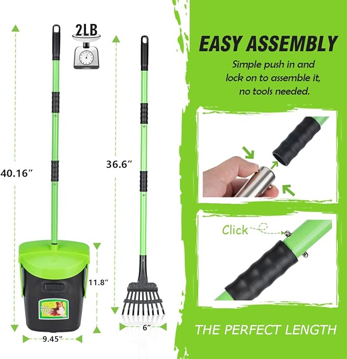 MXF Pooper Scooper Swivel Bin & Rake Kit with 20 Waste Bags, 36.6" Long Handle Adjustable Portable Non-Breakable Dog Pooper Scooper for Large Medium Small Dogs, Poop Scooper for Lawn Yard Dog Kennel