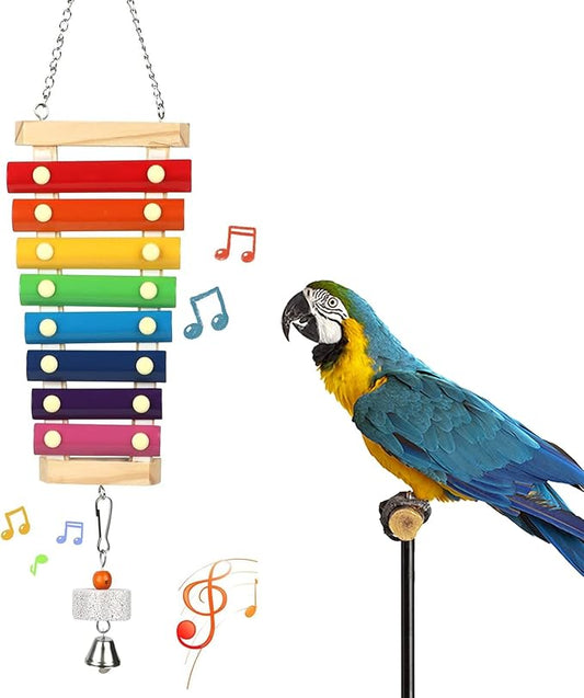Large Parrot Suspensible Xylophone Toy, Multicolored Natural Wooden Bird Chewing Toys with Grinding Stone for Large, Medium Birds, Macaws, African Grey, Cockatoos, Amazon