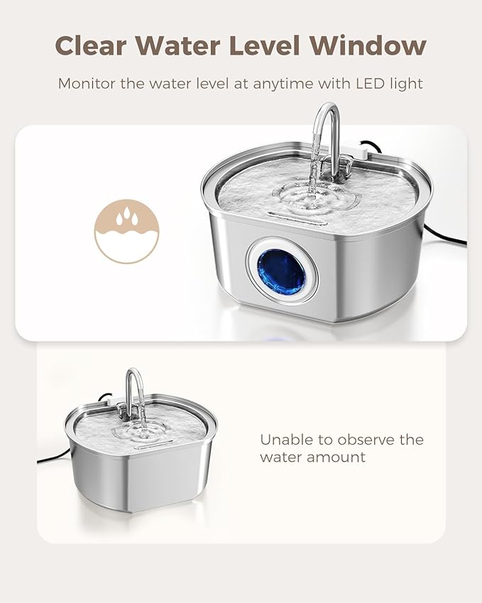 Cat Water Fountain Stainless Steel: 108oz/3.2L Cat Fountain for Drinking- Pet Water Fountain Inside - Automatic Dog Watering Dispenser Bowl - Pet Feeding & Watering Supplies - Water Level Window